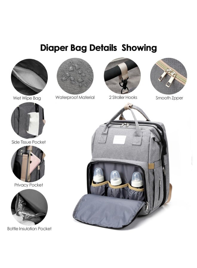 TAPIT 2 in 1 Diaper Bag Backpack Multi-Functional Travel Organizer With Foldable Bassinet Portable Crib Waterproof Large Capacity Mummy Bag (Grey) - Image 5
